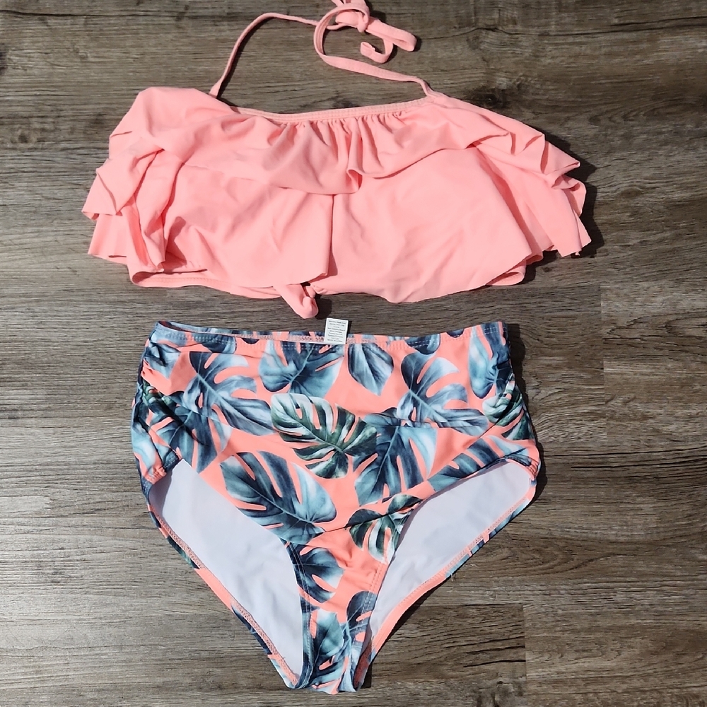 Pink Ruffle Bikini Set with Leaf Print